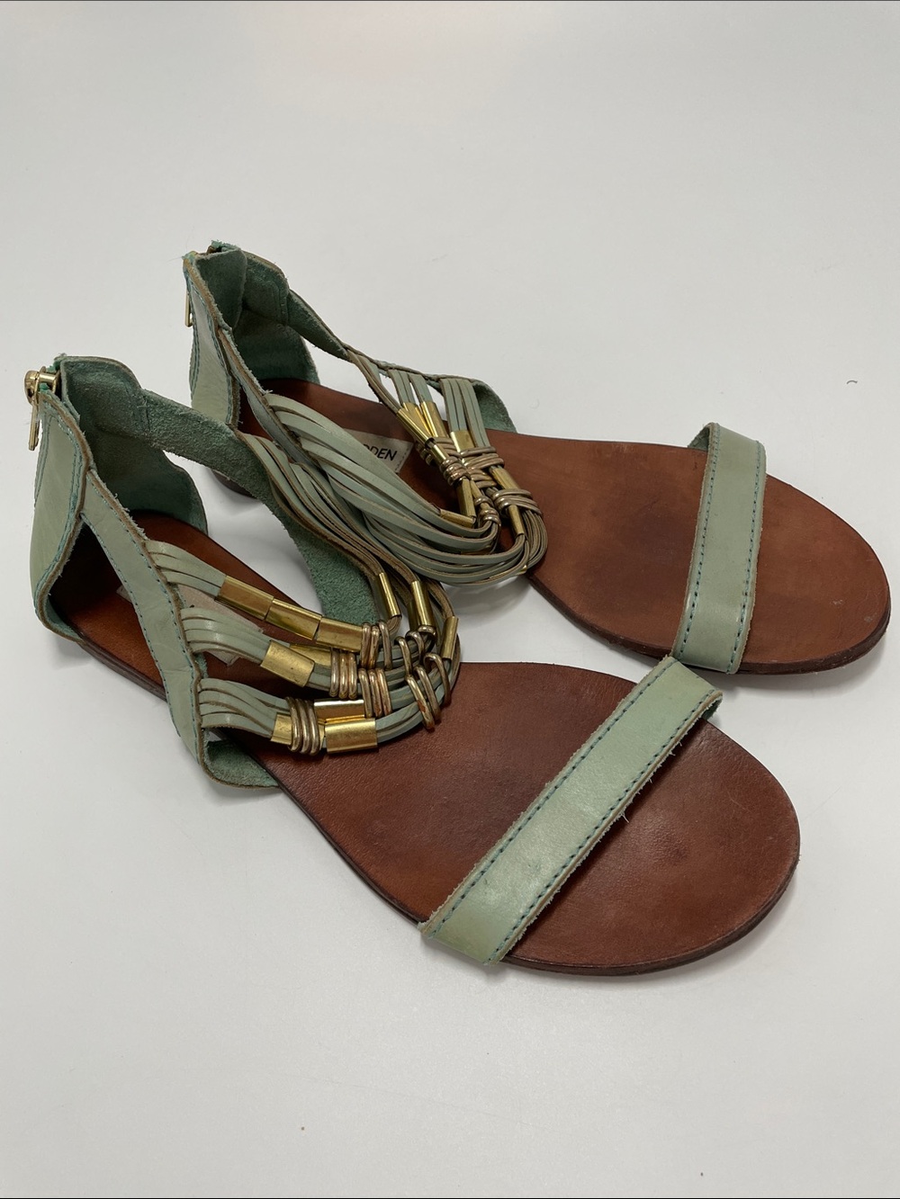 Steve Madden Sz EU38 Mint Green Strappy Flat Leather Sandals with Gold Accents